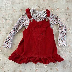 Mayoral Red Corduroy Overall Dress with Floral Top